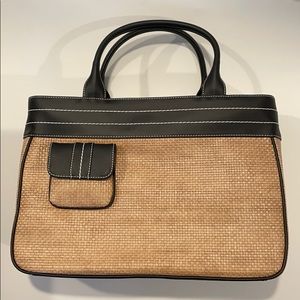 NWOT Vintage ANN TAYLOR Loft Wicker Straw Black Leather Trim Large Tote Bag NEW